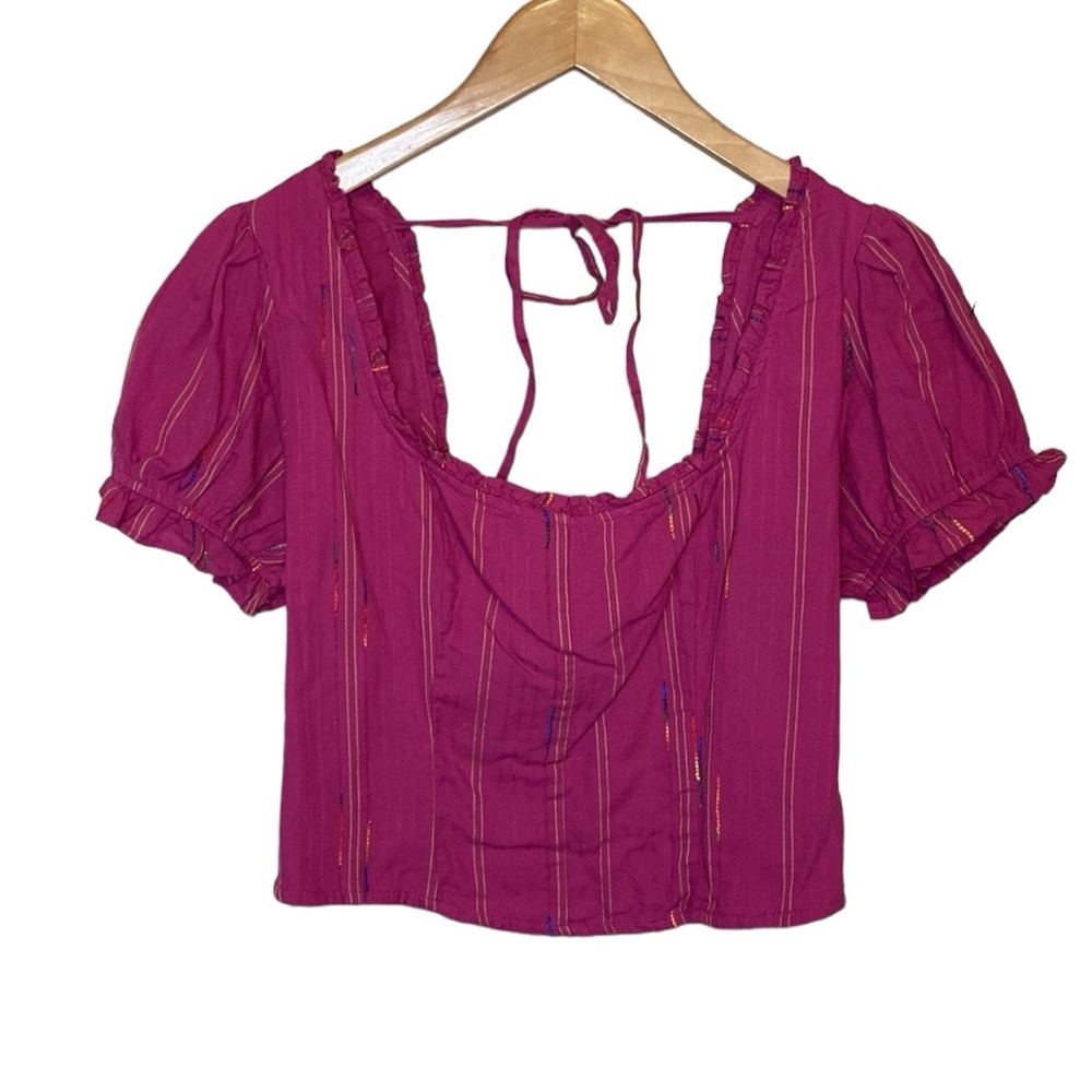 NWT Free People Seratonin Corset Smocked Puff Sleeve Crop Raspberry Top S
